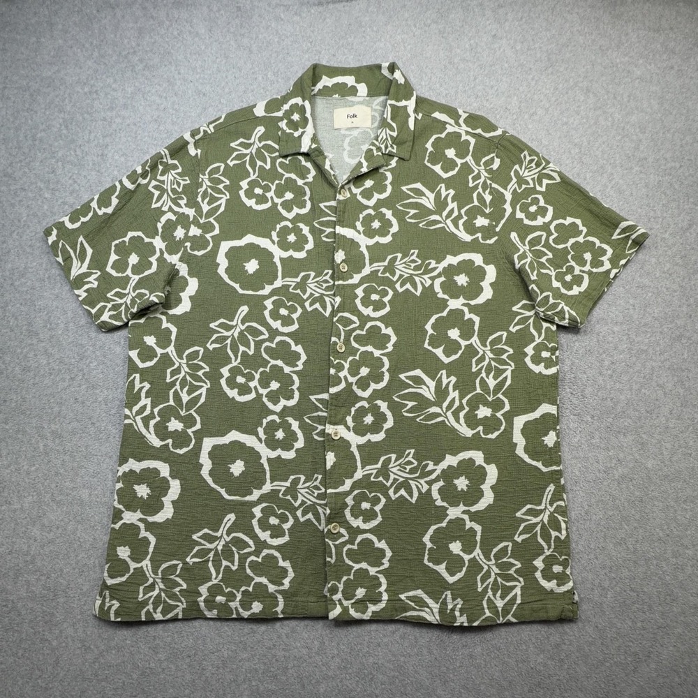Folk Shirt Mens XL Green Floral Short Sleeve Textured Cotton Hawaiian Casual